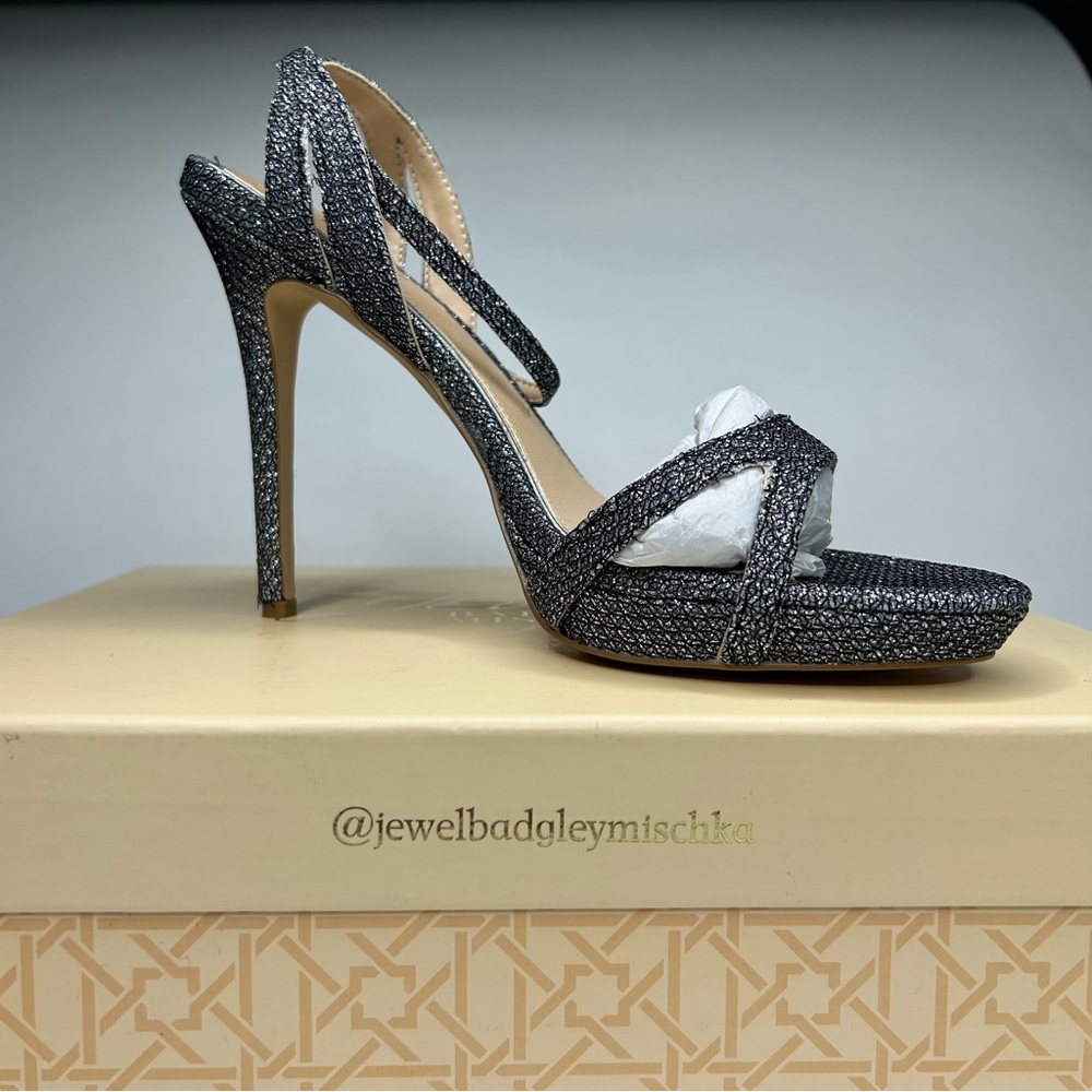 Jewel Badgley‎ Mischka- size 7-jewel Arianna Shimmering platform Stiletto Pewter